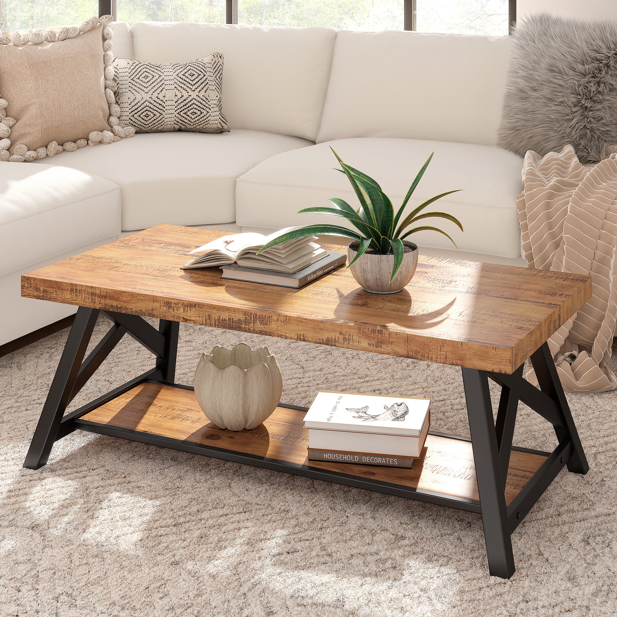 Rustic X-Base Accent Tables - Oak Finish, Coffee Table Only by 