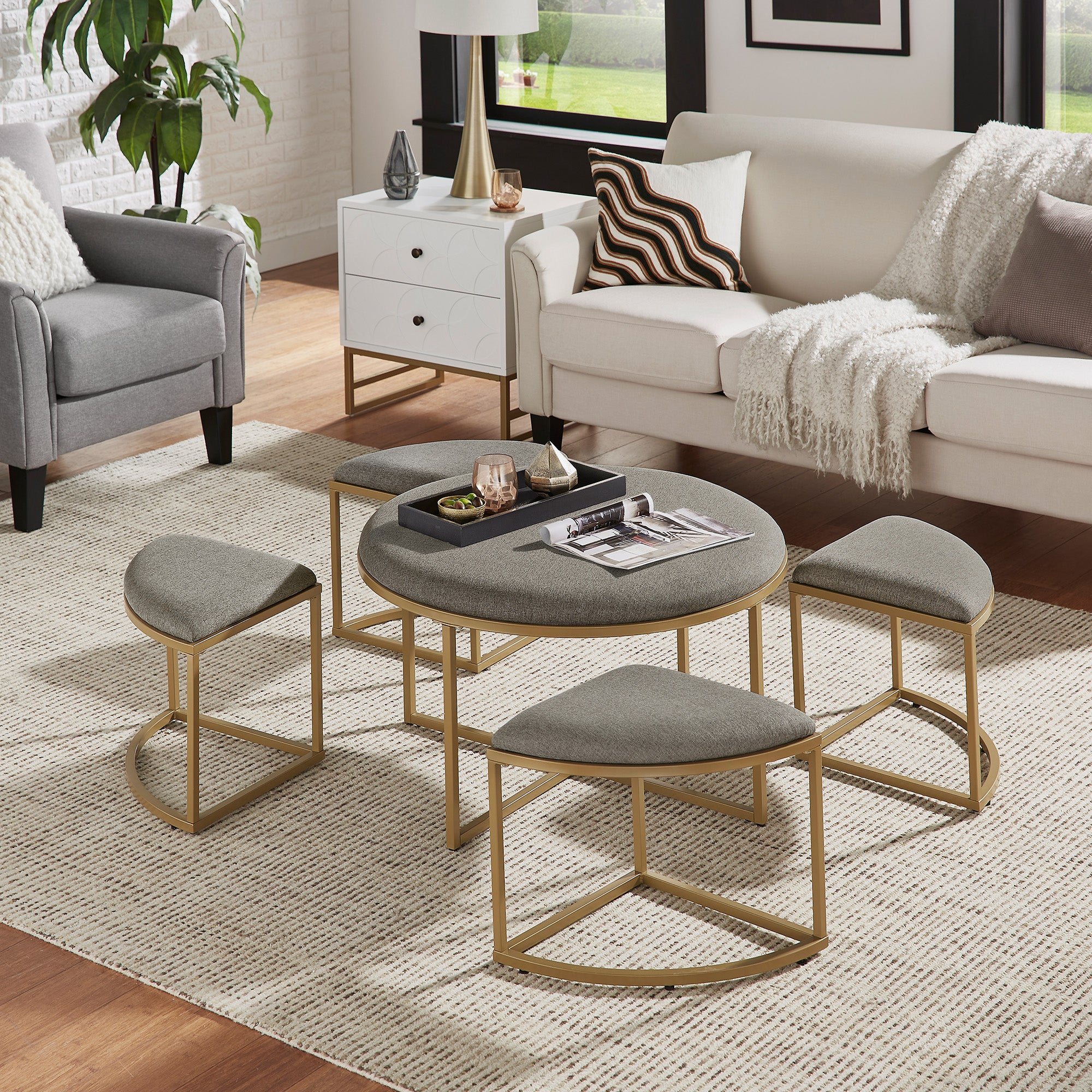 Coffee Table with Nesting Stools Round Grey Fabric Gold Finish by iNSPIRE Q Modern iNSPIRE Q Home