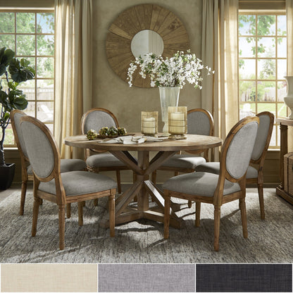 Rustic X-Base Round Pine Finish Dining Table Set - Beige Linen, Round Chair Backs