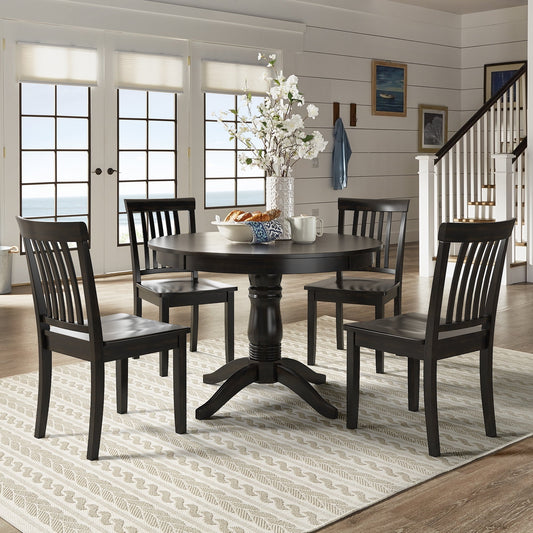 Round Pedestal Base 5-Piece Dining Set - Antique Black Finish, Mission Back