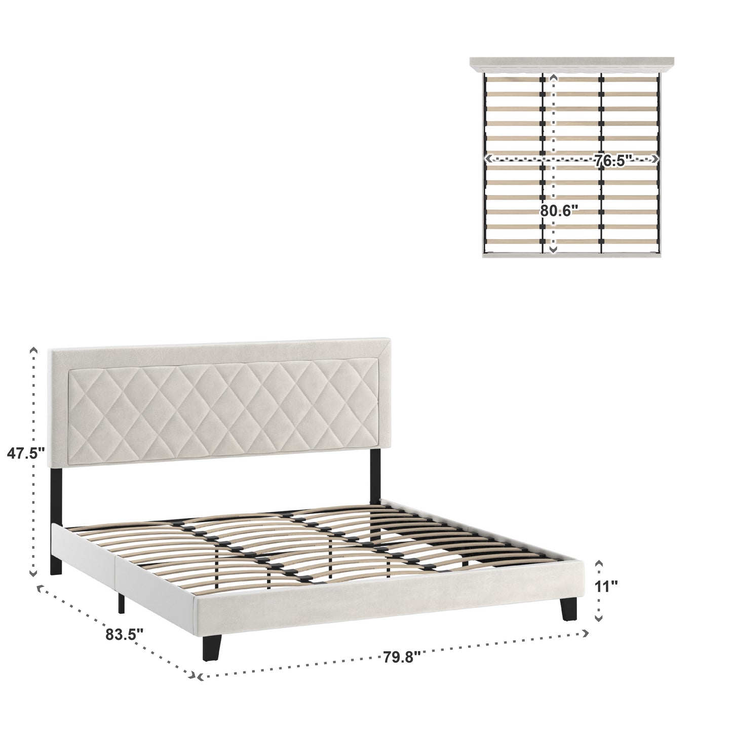 Black Finish Frame with Velvet Fabric Platform Bed - Cream White, King (King Size)