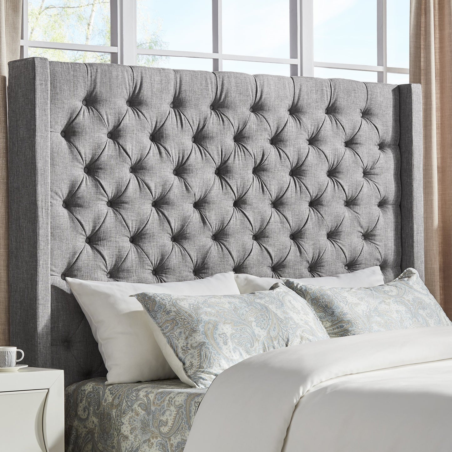 Wingback Button Tufted Linen Fabric Headboard - Gray, 68-inch Haight, Quaan Siza