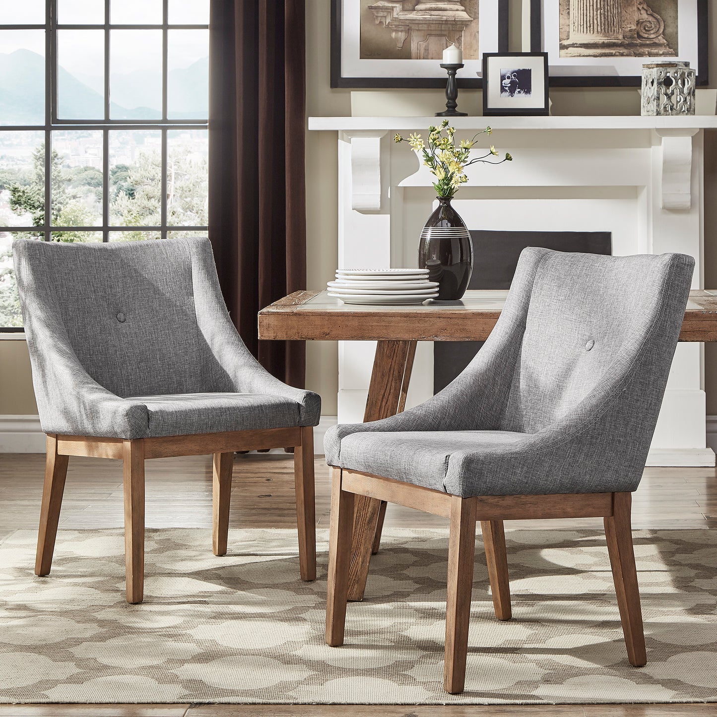 Button Tufted Slope Arm Linen Dining Chairs (Set of 2) - Gray