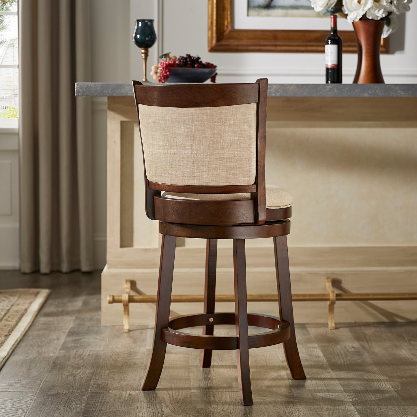 Upholstered Back Swivel Stool - 24" Counter Height, Cherry Finish, Beige Linen