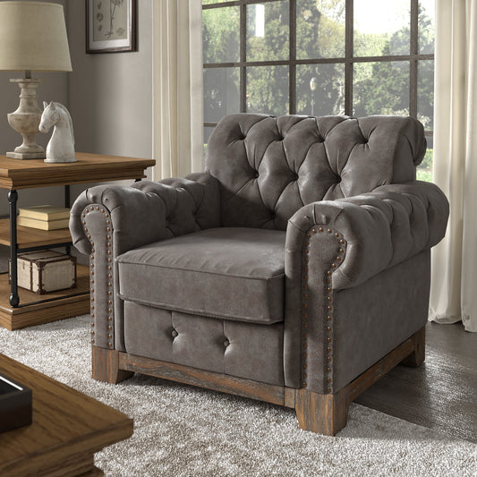 Tufted Rolled Arm Chesterfield Chair - Gray Polished Microfiber