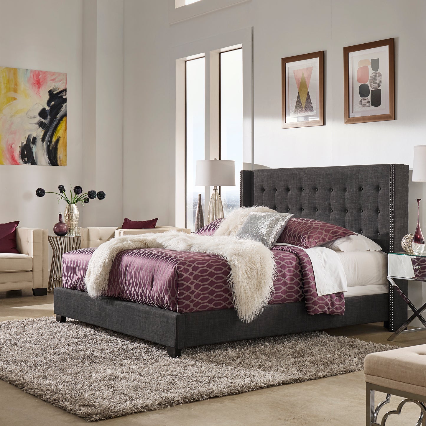 Tufted Linen Wingback Bed - Dark Gray Linen, King