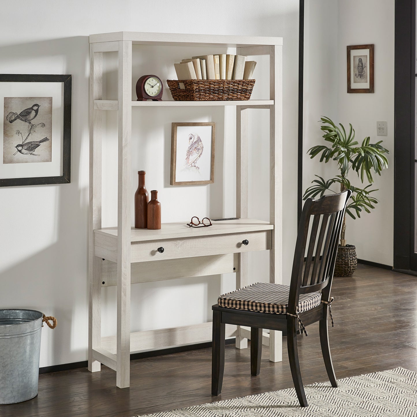 38 in. Wall Bookshelf with Desk and USB Charger - Antique White Finish