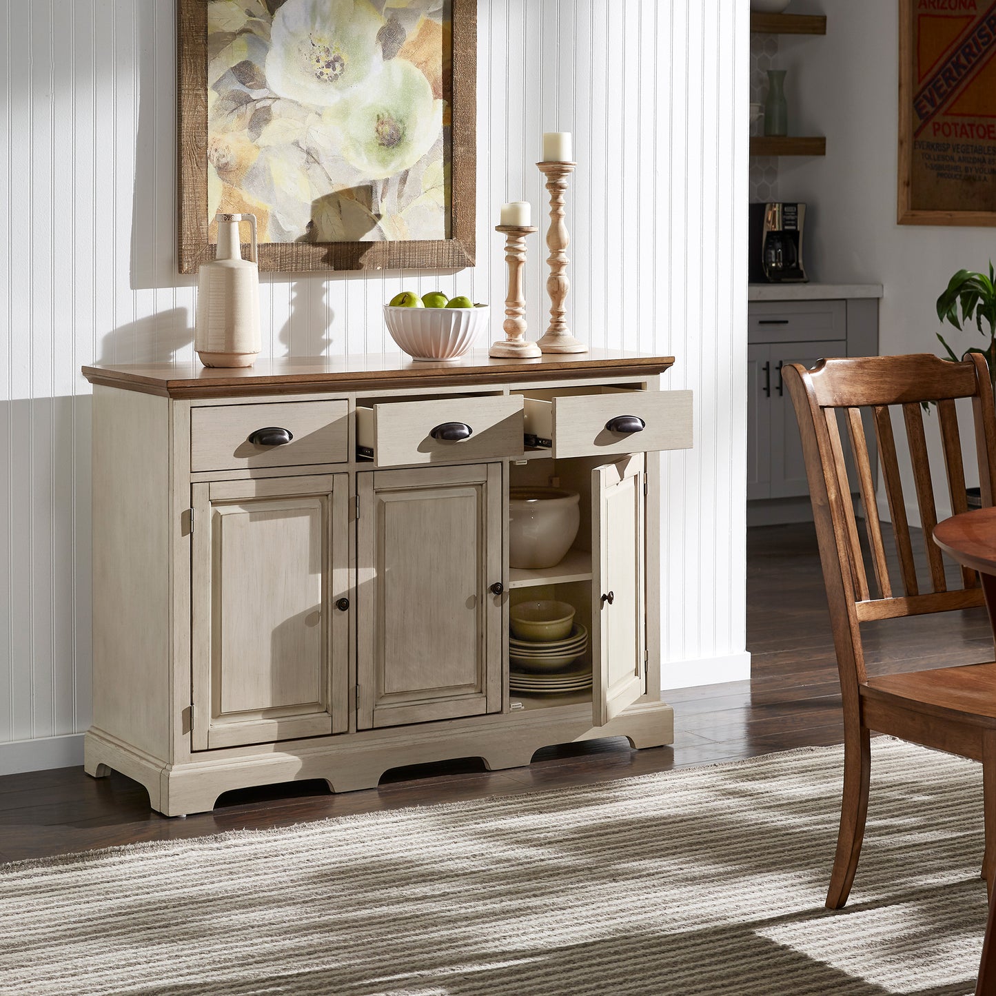 Wood Cabinet Buffet Server - Oak Top with Antique White Base