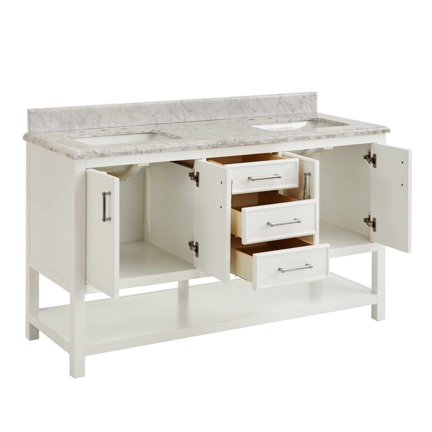 Bathroom Sink Vanity with White Marble Veneer Stone Top - 60", Double Sinks, White with Chrome Finish Hardware