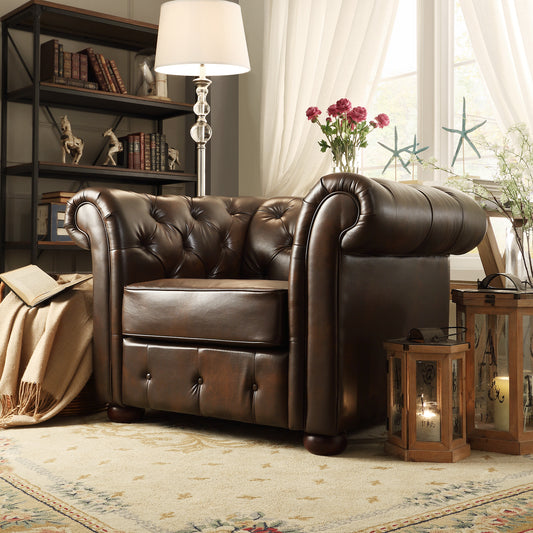 Tufted Scroll Arm Chesterfield Chair - Brown Bonded Leather