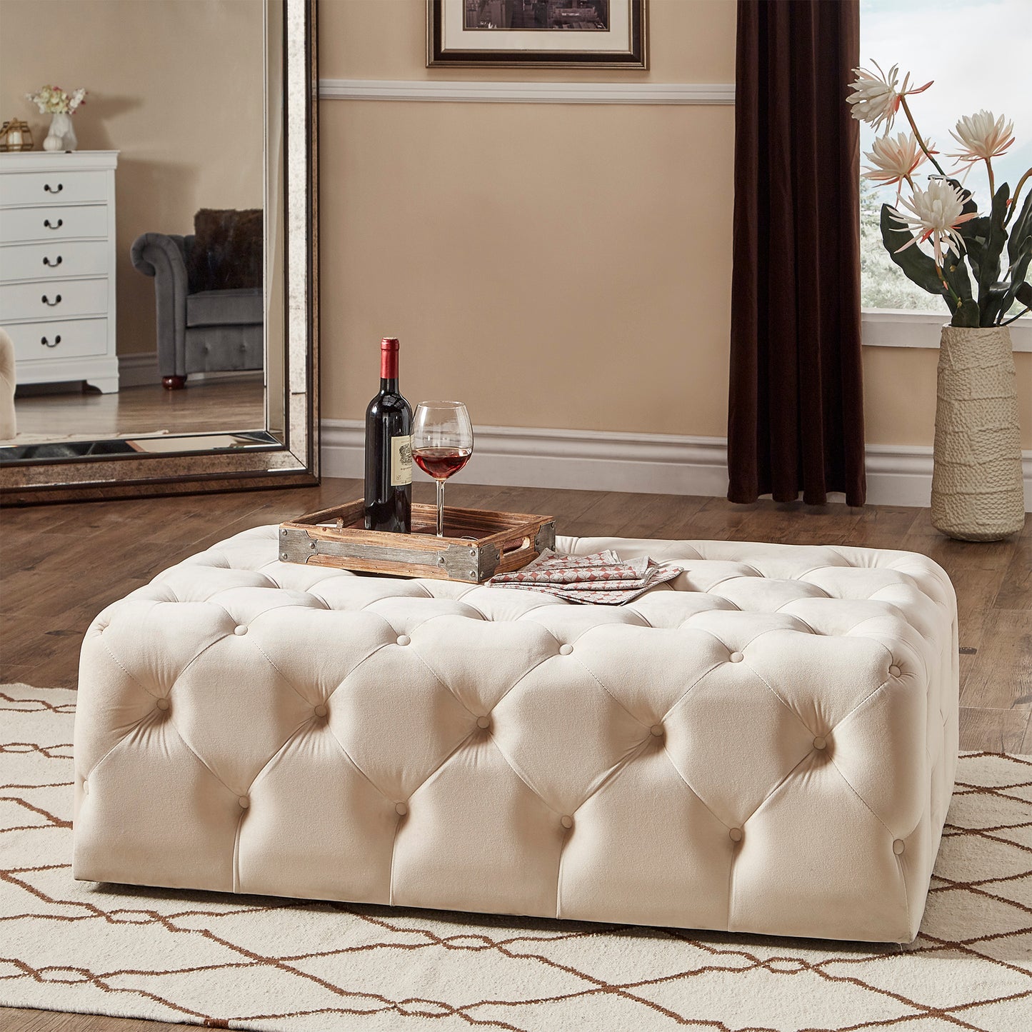 Rectangular Tufted Ottoman with Casters - Beige Velvet