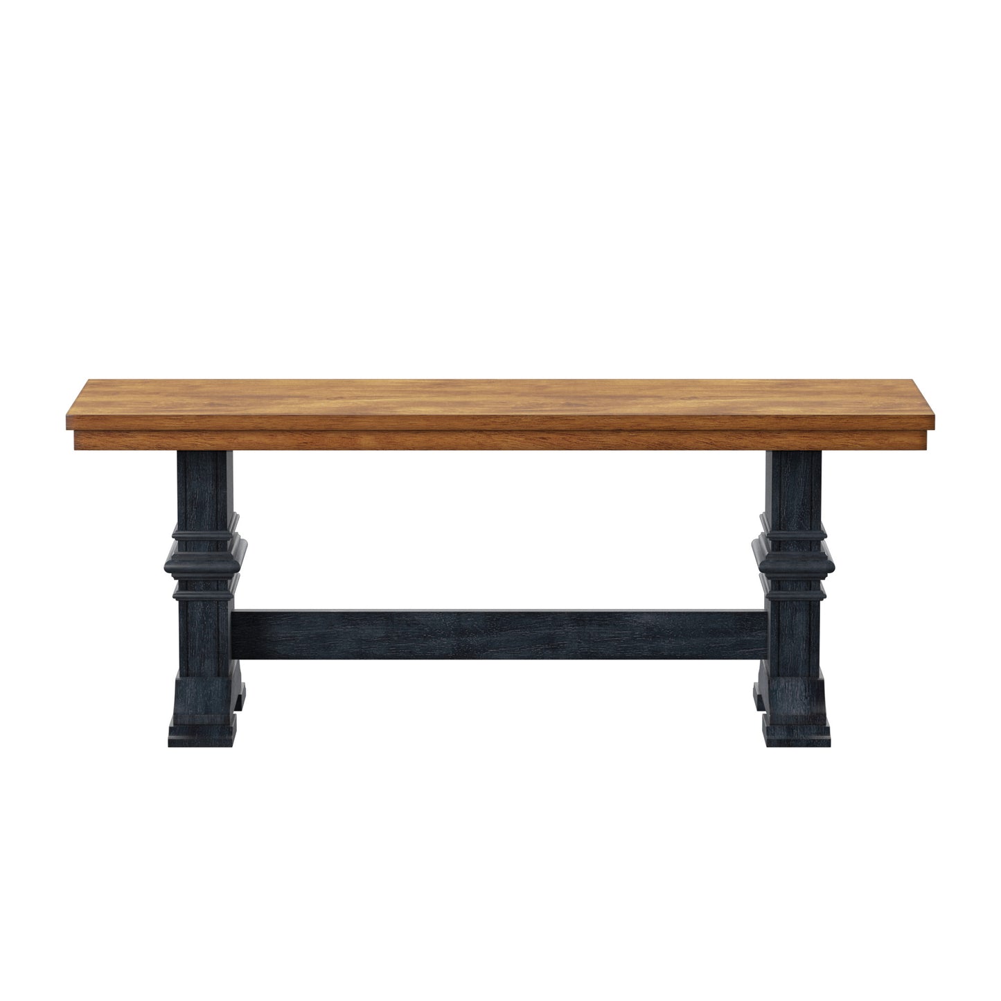 Two-Tone Trestle Leg Wood Dining Bench - Oak Top with Antique Denim Base