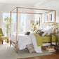 Metal Canopy Bed with Upholstered Headboard - Off-White Linen, Champagne Gold Finish, King Size