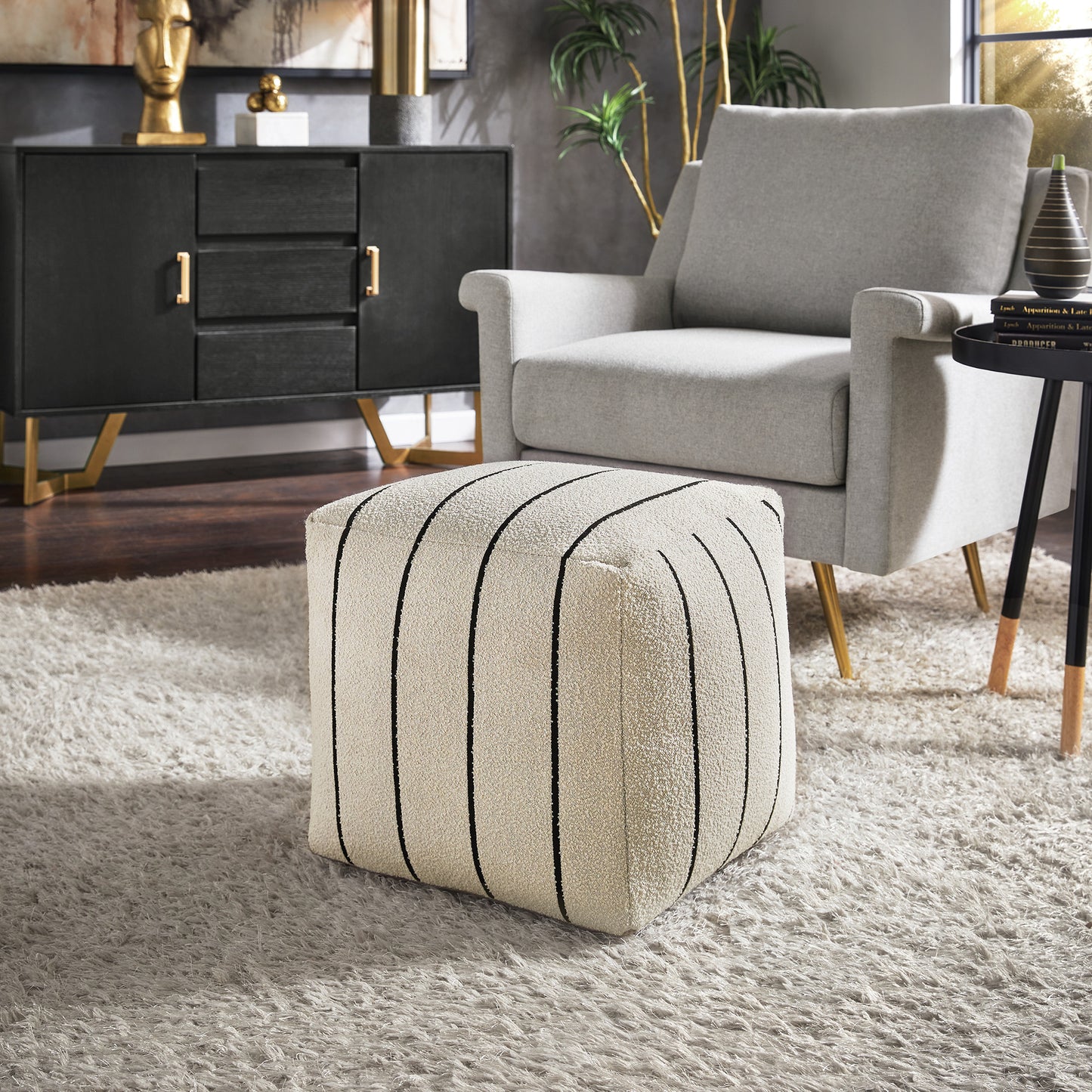 Upholstered Square Pouf Ottoman - Ivory & Black Stripe Pattern Fabric