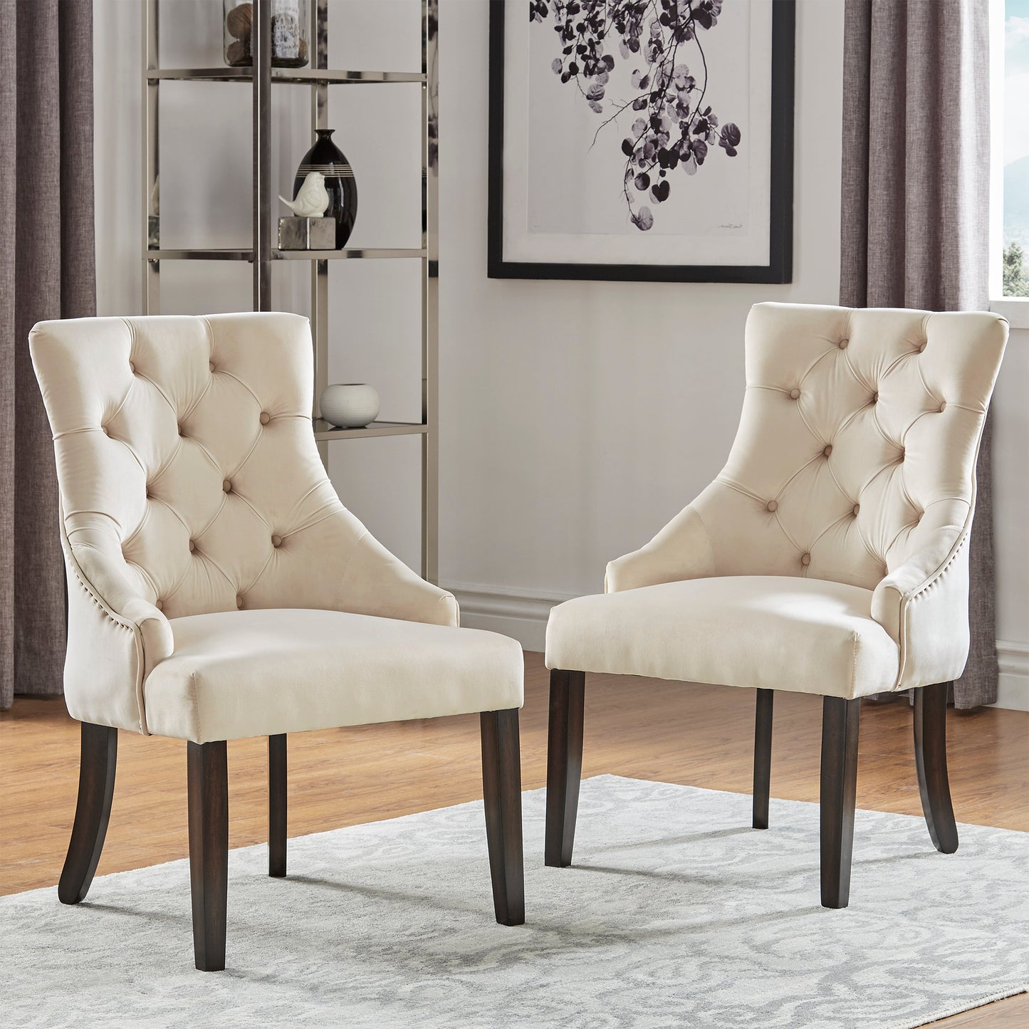 Velvet Button Tufted Wingback Dining Chairs (Set of 2) - Beige Velvet