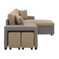 Multifunctional Two-Tone Fabric Convertible Chaise Sofa with Two Ottomans, Two Pillows, and Storage - Brown