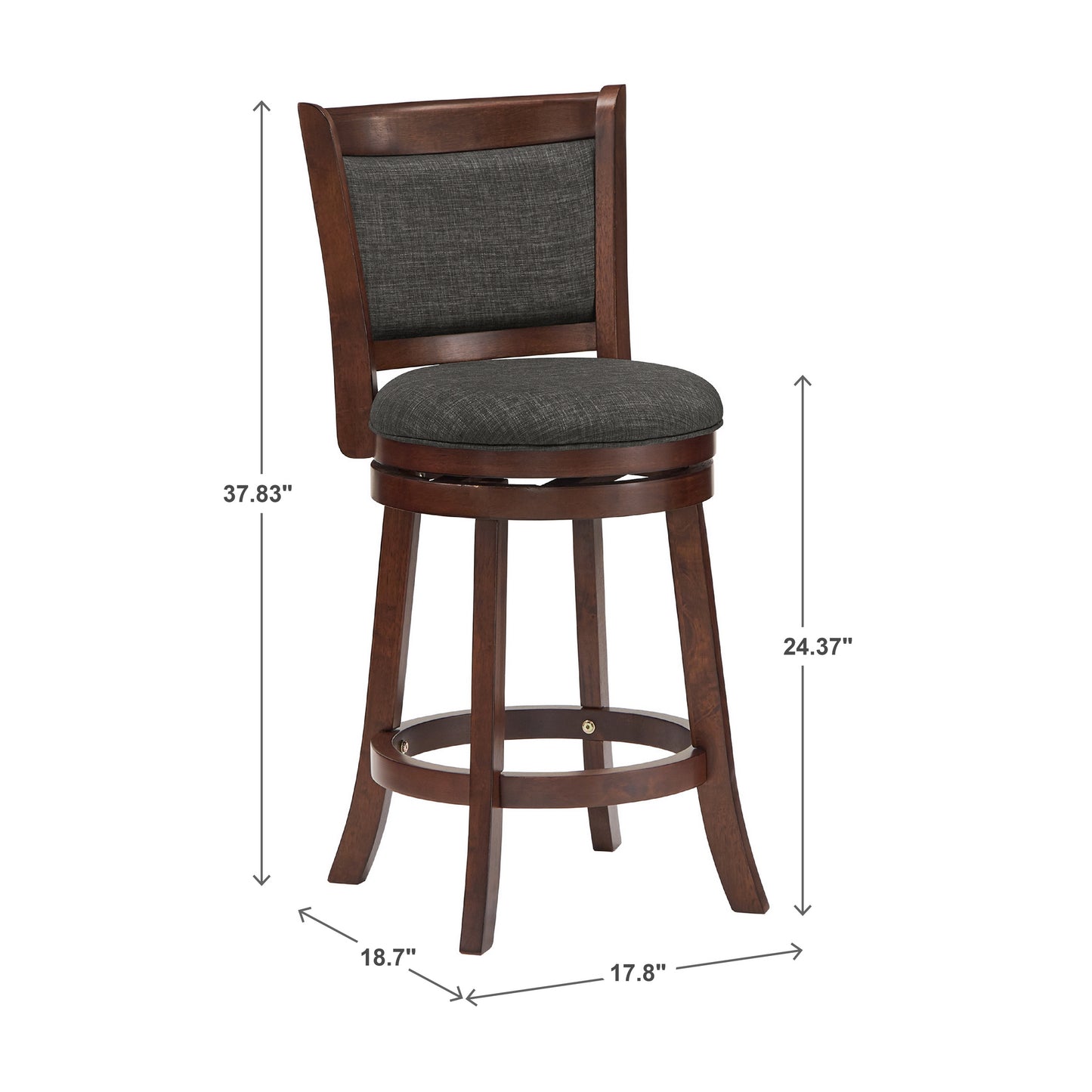 Upholstered Back Swivel Stool - 24" Counter Height, Cherry Finish, Dark Gray Linen