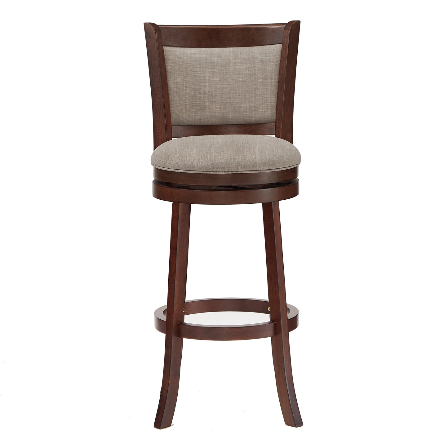 Upholstered Back Swivel Stool - 29" Bar Height, Cherry Finish, Gray Linen