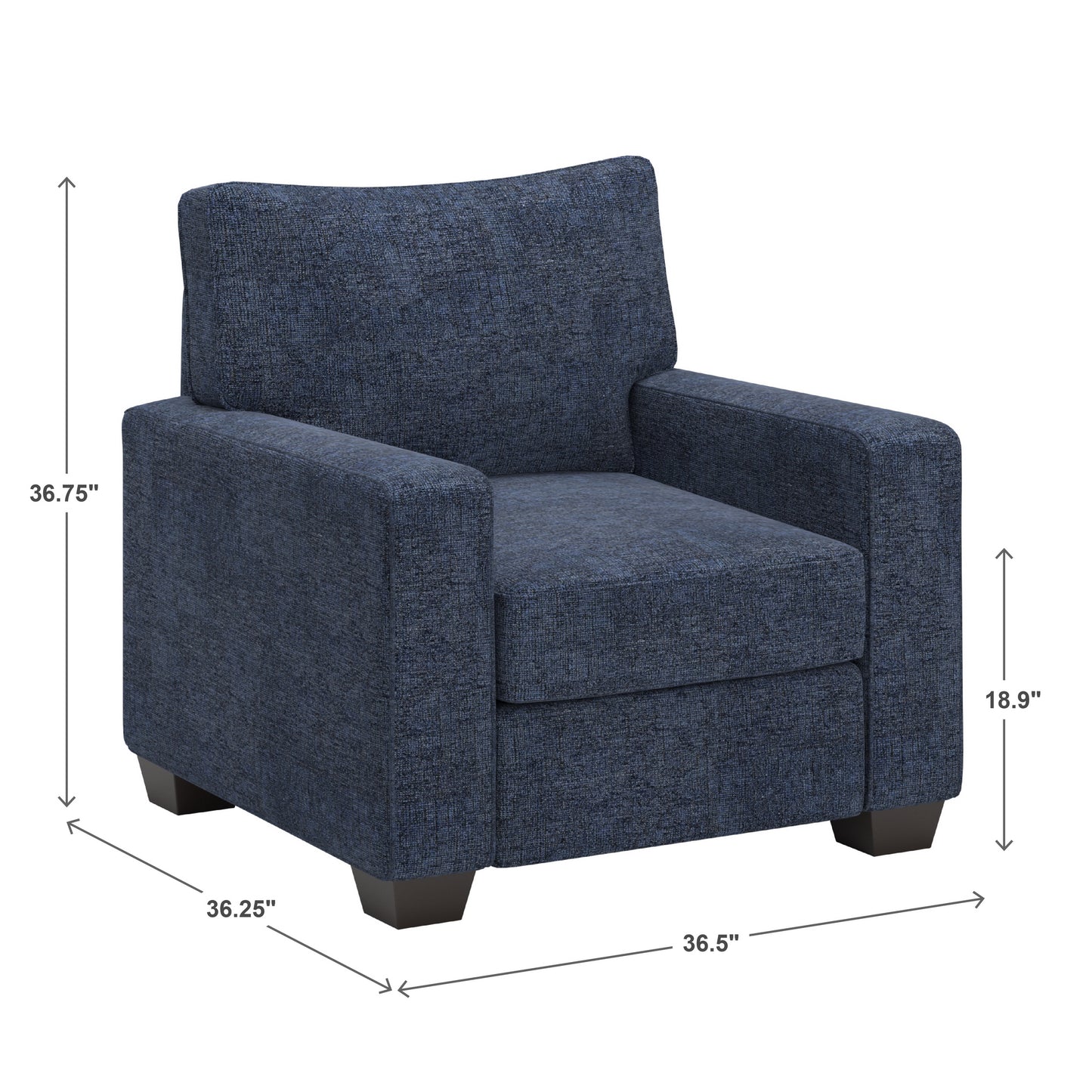 Modern Fabric Upholstered Square Arm Sofa Set - Living Room Chair, Loveseat and Sofa, Blue Chenille Fabric