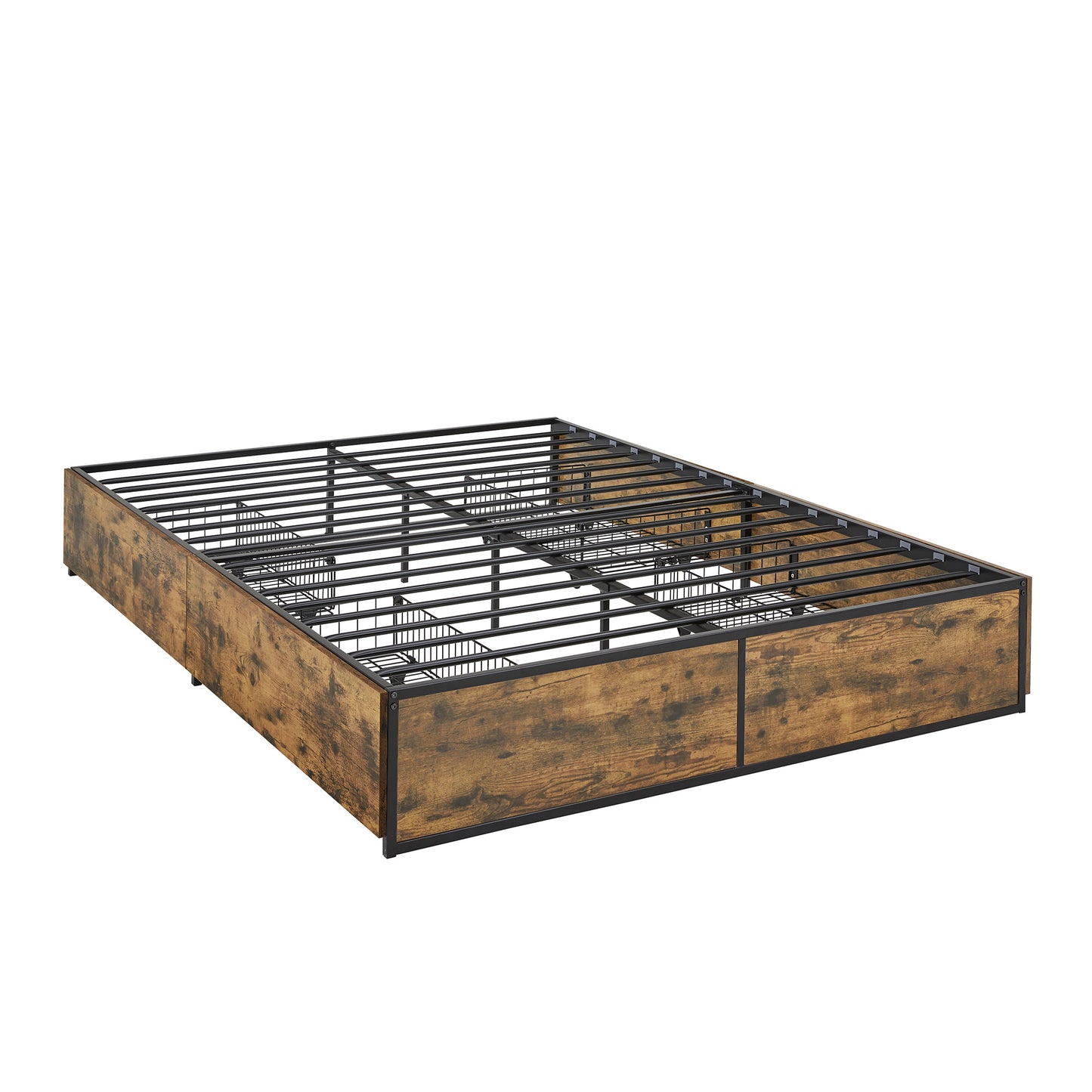 Wood Finish Panel Black Metal Platform Bed with Storage Drawers - Queen Size with 4 Wire Storage Drawers (Queen Size)