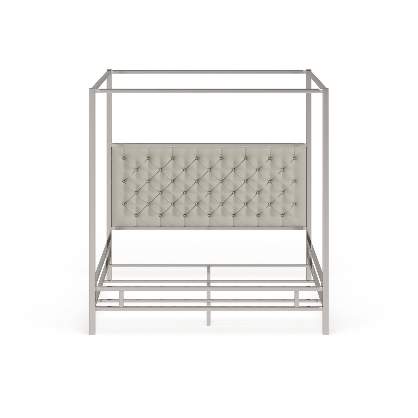 Metal Canopy Bed with Upholstered Headboard - Off-White Linen, Chrome Finish, King Size