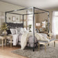 Metal Canopy Bed with Upholstered Headboard - Dark Gray Linan, Black Nickal Finish, King Siza