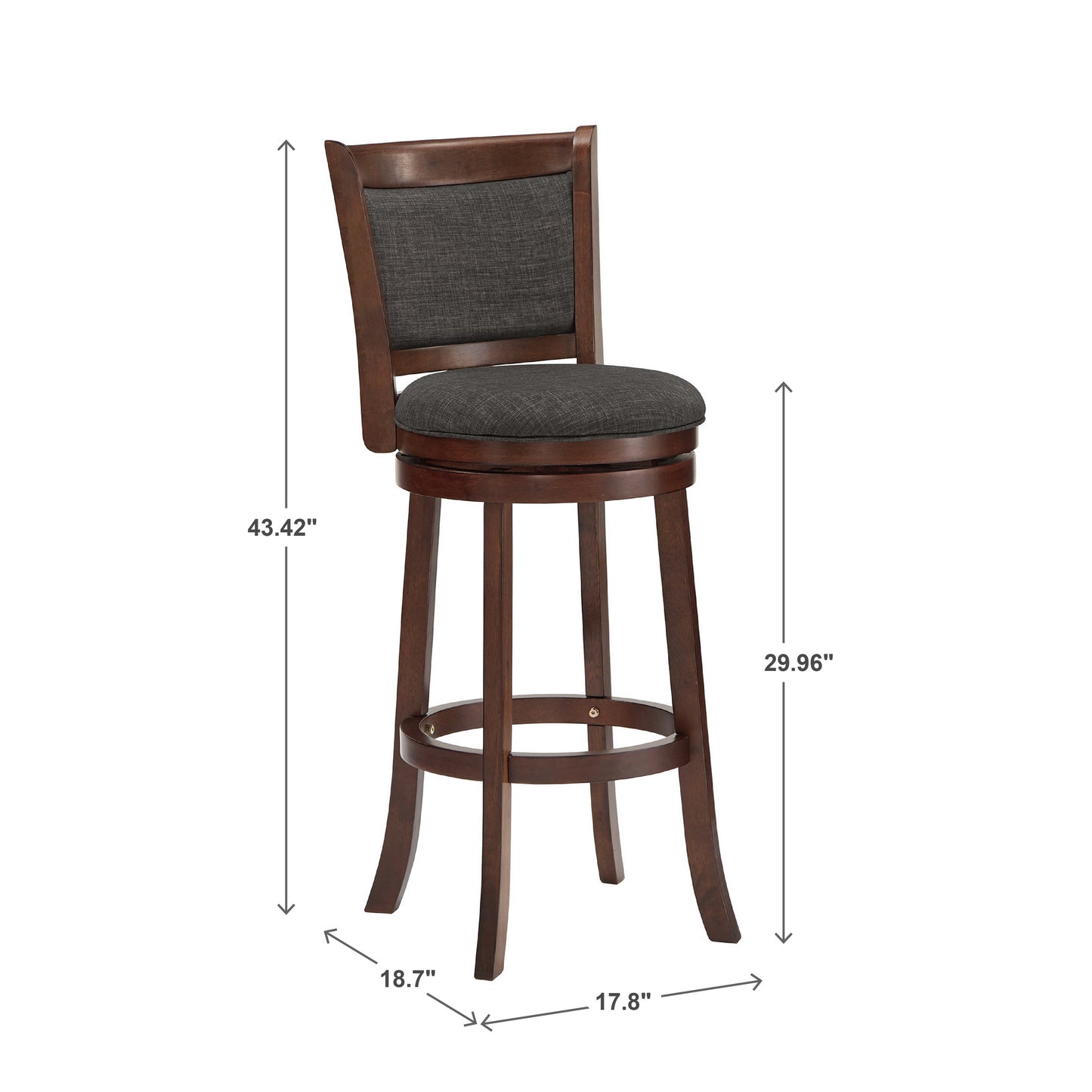 Upholstered Back Swivel Stool - 29" Bar Height, Cherry Finish, Dark Gray Linen