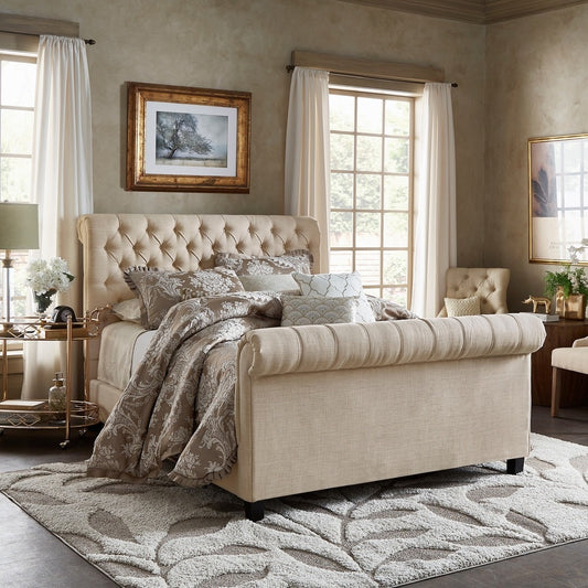 Beige Linen Tufted Sleigh Bed with Footboard - Queen