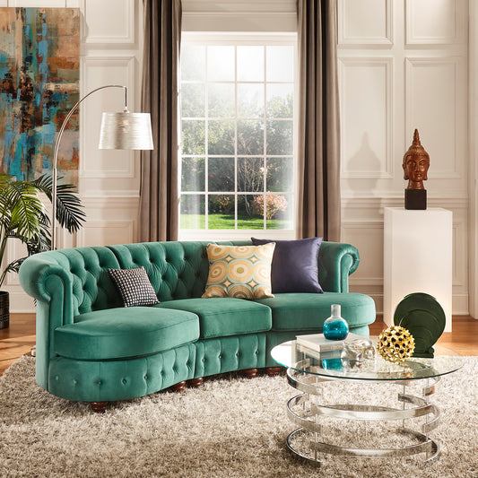 Tufted Scroll Arm Chesterfield Curved Sofa - Green Velvet