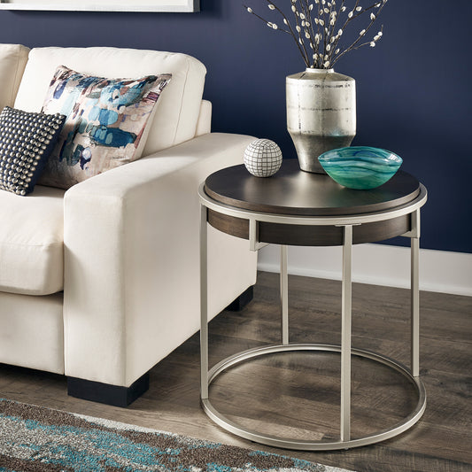 Round End Table with Metal Base - Dark Walnut Finish, Champagne Silver Base