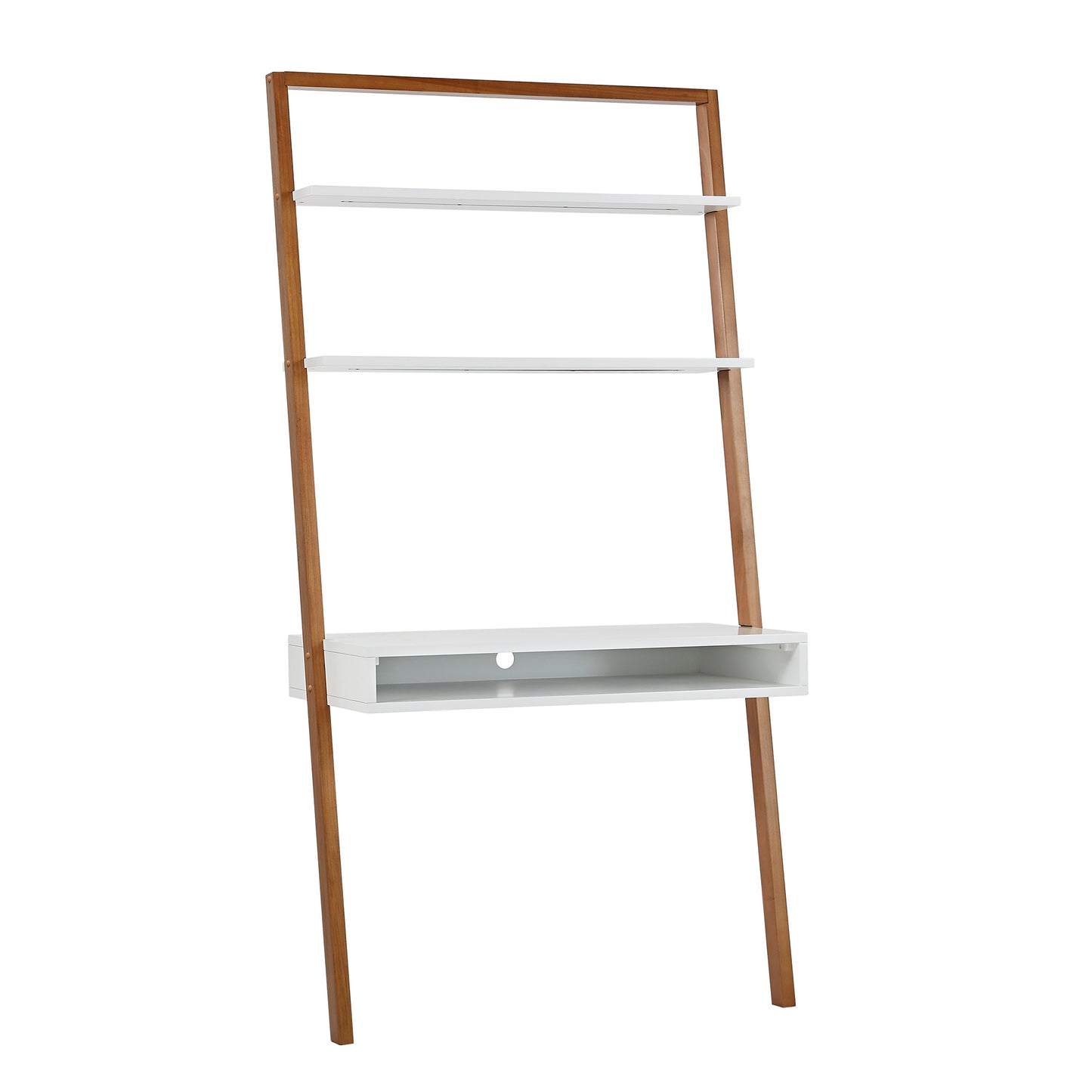 Two-Tone Leaning Ladder Desk and Bookcase Set - Natural and White Finish, 1 Desk and 2 Ladder Bookcases