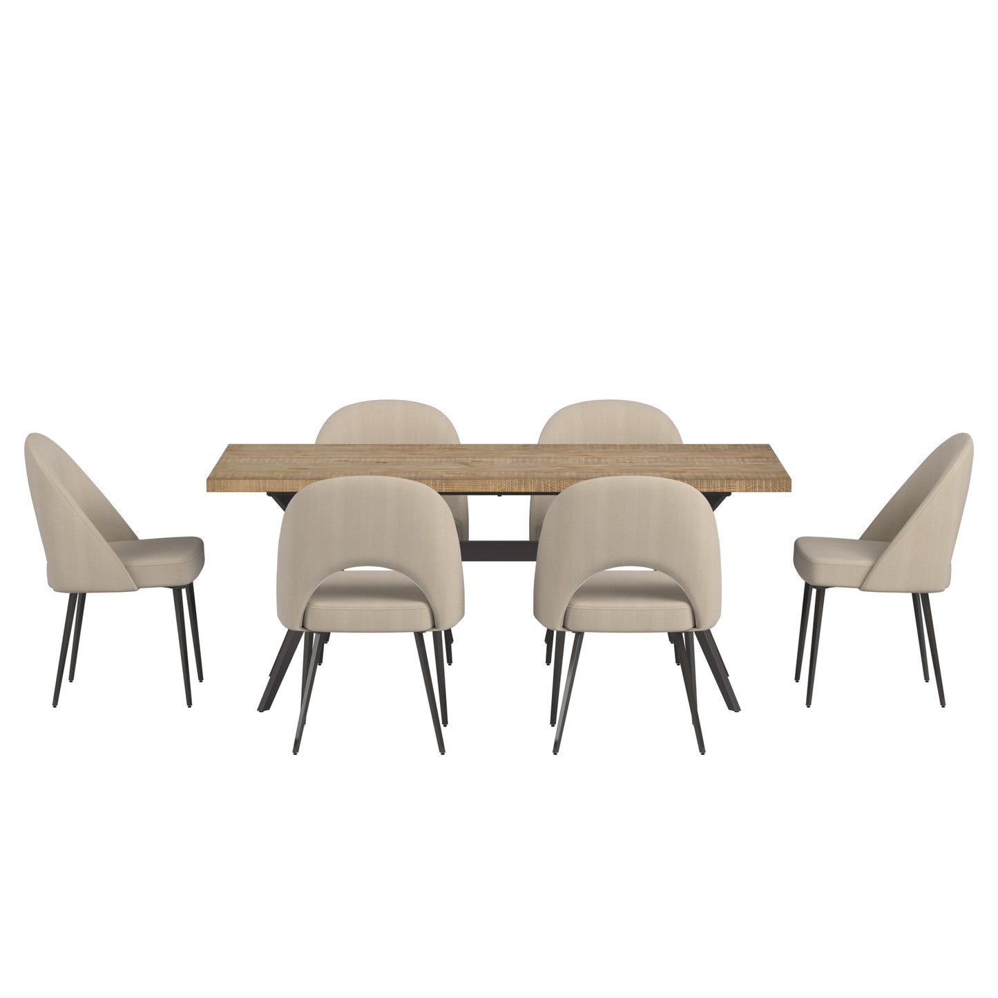 Wood Finish Dining Table with Upholstered Chairs Set - Line Pine Finish Table and Beige Herringbone Fabric Chairs