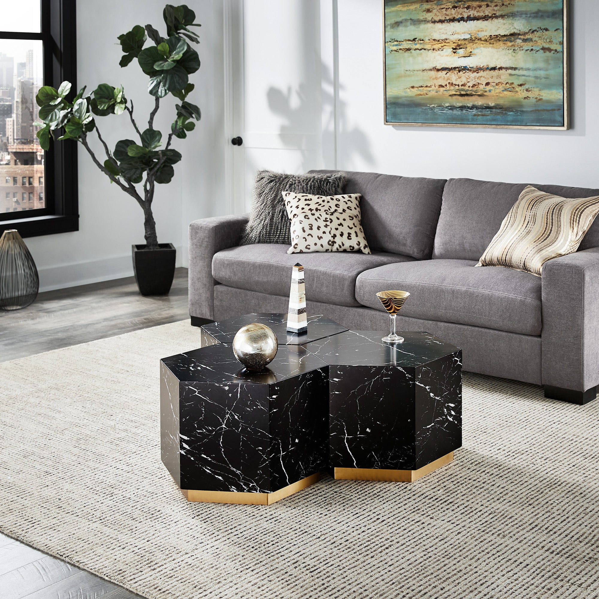 Faux Marble Coffee Table Black Hexagon by Inspire Q Bold