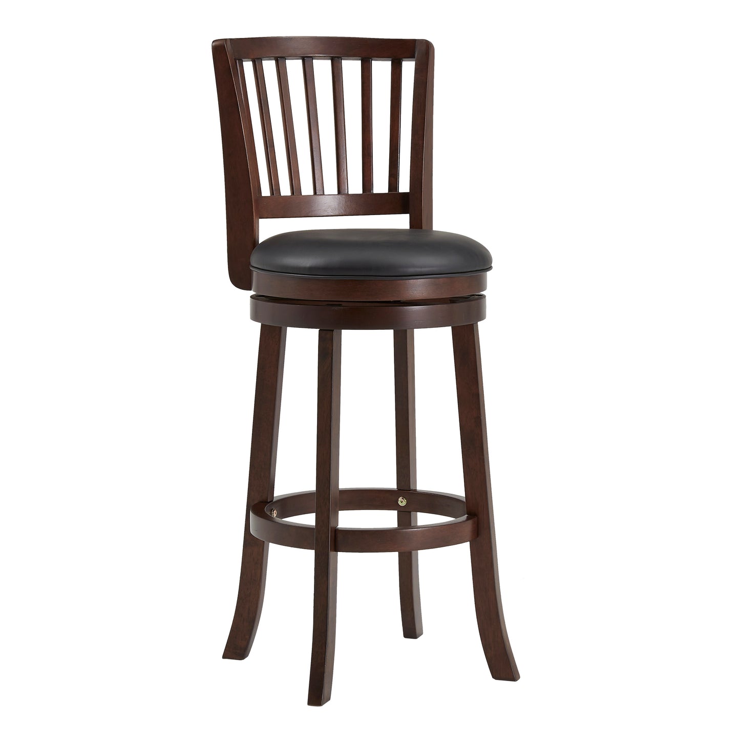 Slat Back Swivel Chair - 29" Bar Height, Dark Cherry, Black Faux Leather