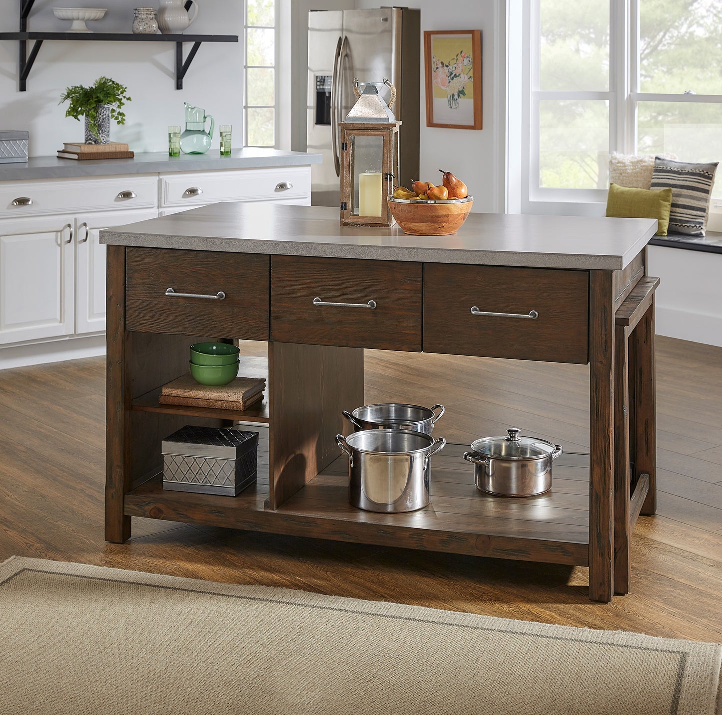 Reclaimed Look Extendable Kitchen Island - Brown Finish, Concrete Veneer Top