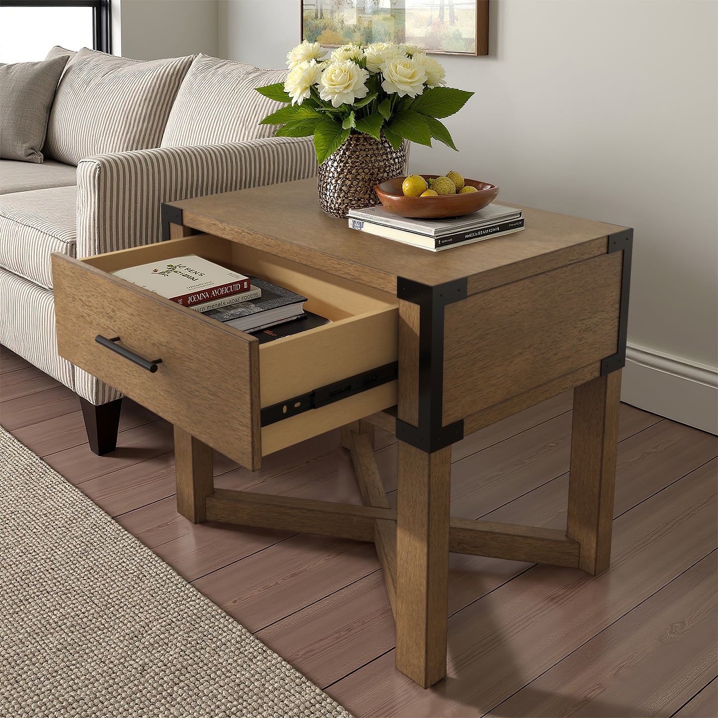 Wood Finish X-Base End Table with Drawer - Oak Finish