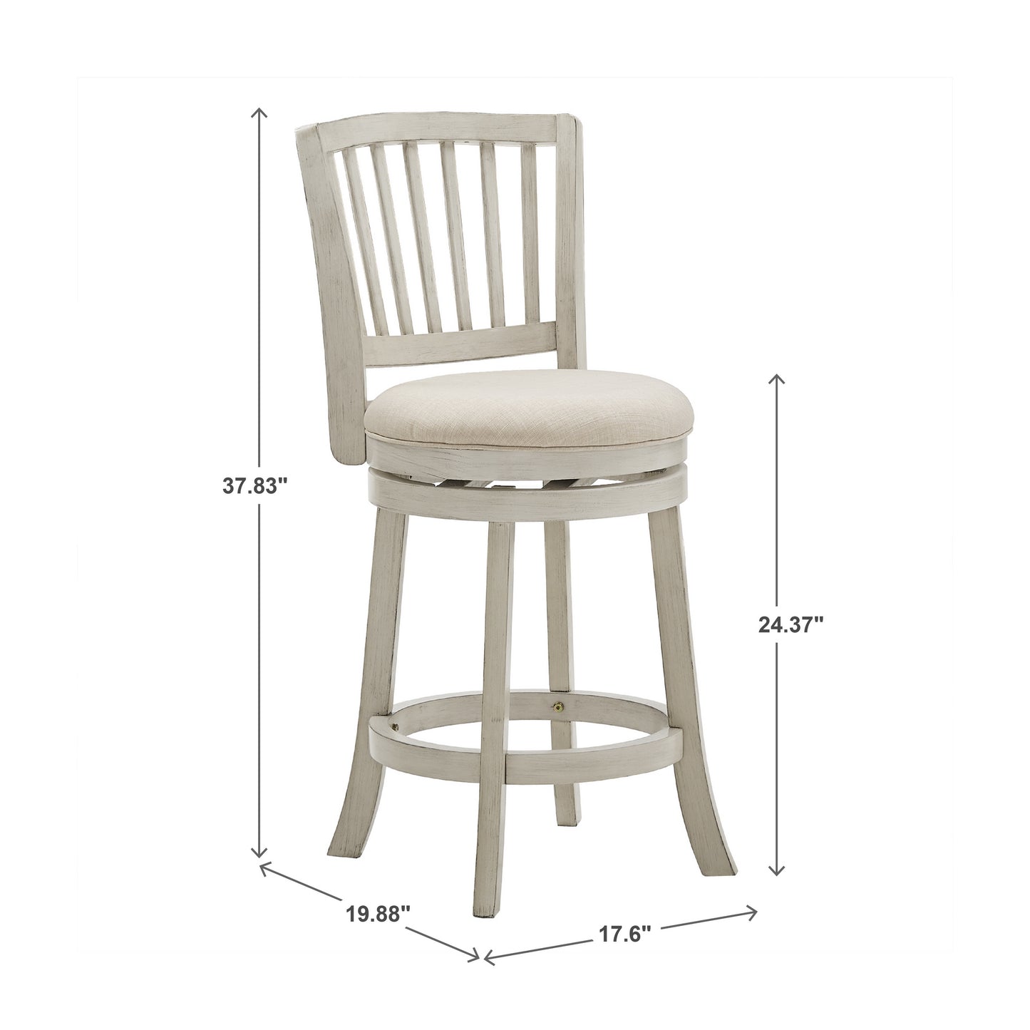 Slat Back Swivel Chair - 24" Counter Height, Antique White Finish, Beige Linen