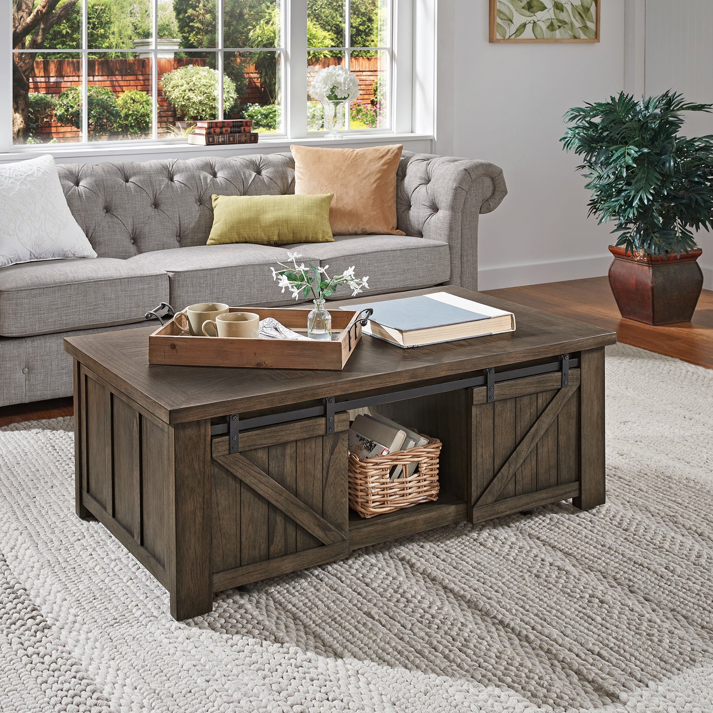 Barn Door Coffee Table with Storage - Antiqua Gray Finish