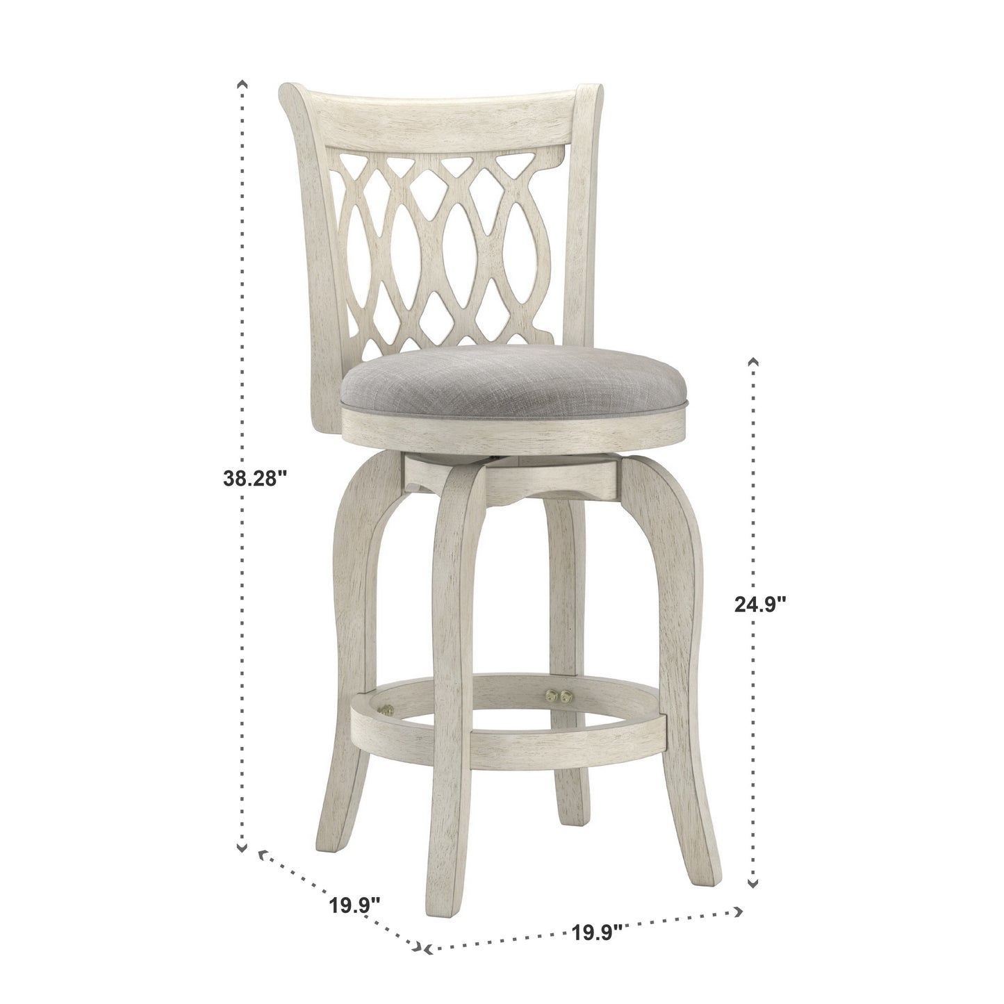 Scroll Back Swivel Stool - 24" Counter Height, Antique White Finish, Gray Linen