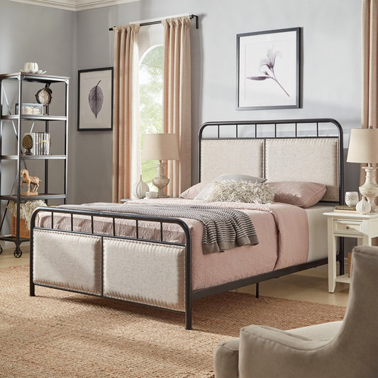 Beige Upholstered Black Metal Queen Bed