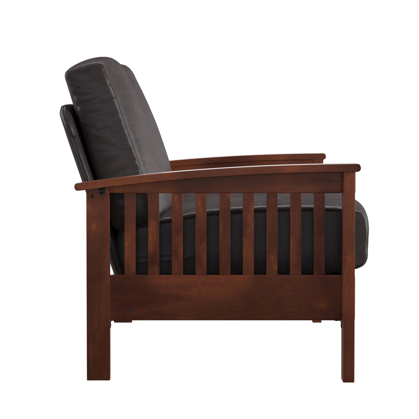 Mission-Style Wood Loveseat - Dark Brown Faux Leather, Oak Finish