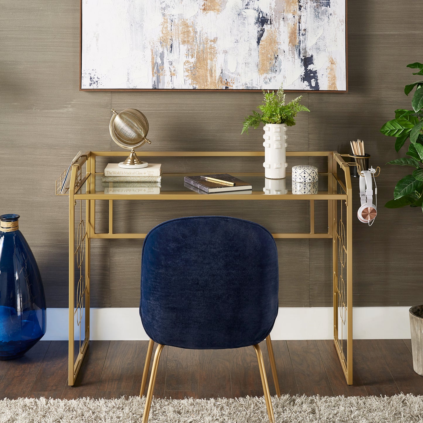 Octagon Pattern Gold Metal and Glass Desk