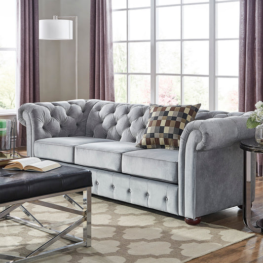 Tufted Scroll Arm Chesterfield Sofa - Gray Velvet