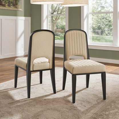 Wood Finish Cream Fabric Channel Stitching Dining Chair (Set of 2) - Black Oack