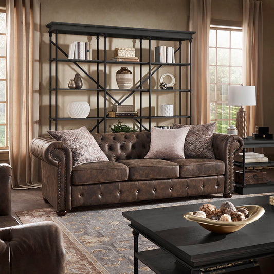 Tufted Scroll Arm Chesterfield Sofa - Brown Microfiber Upholstery