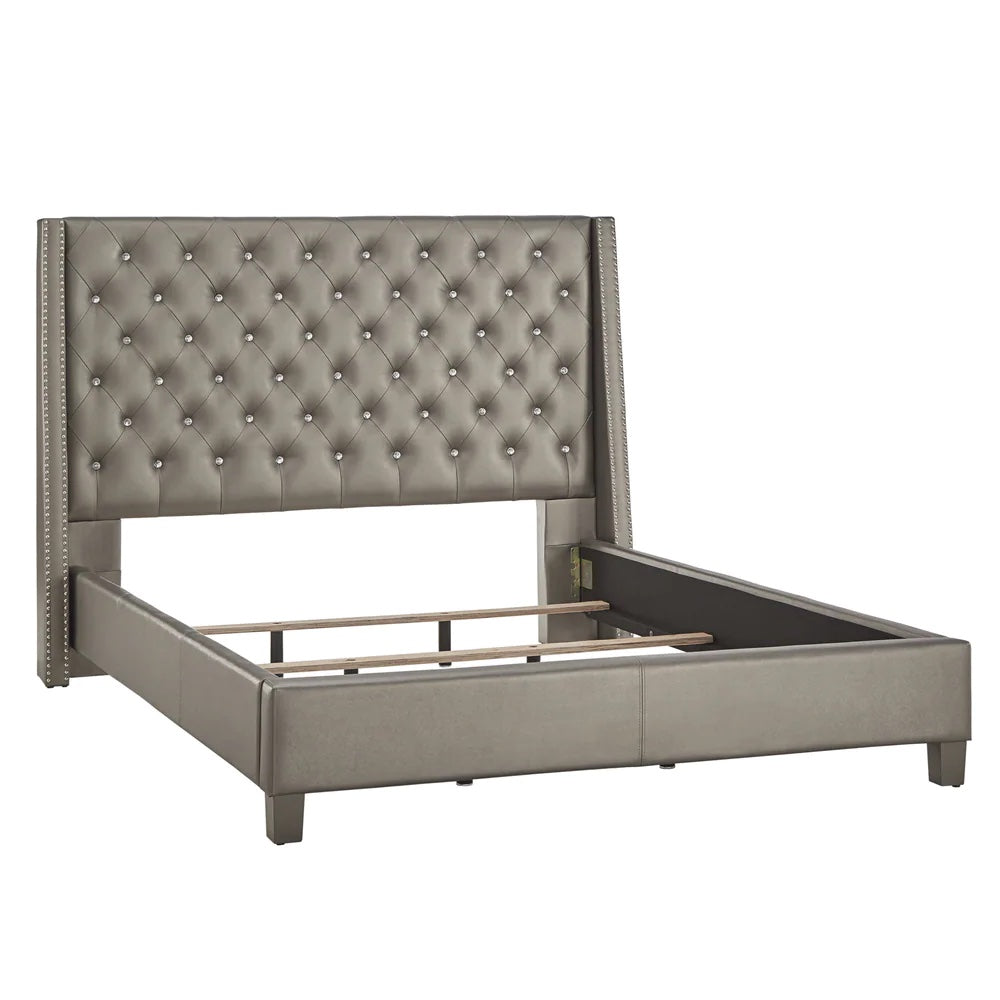 Faux Leather Crystal Tufted Bed - Gray Faux Leather, Full