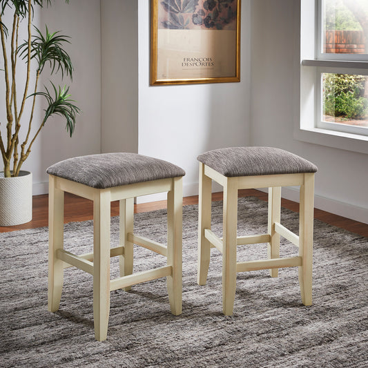 24" Counter Height Upholstered Bar Stool (Set of 2) - Creamy Off White Finish, Gray Fabric