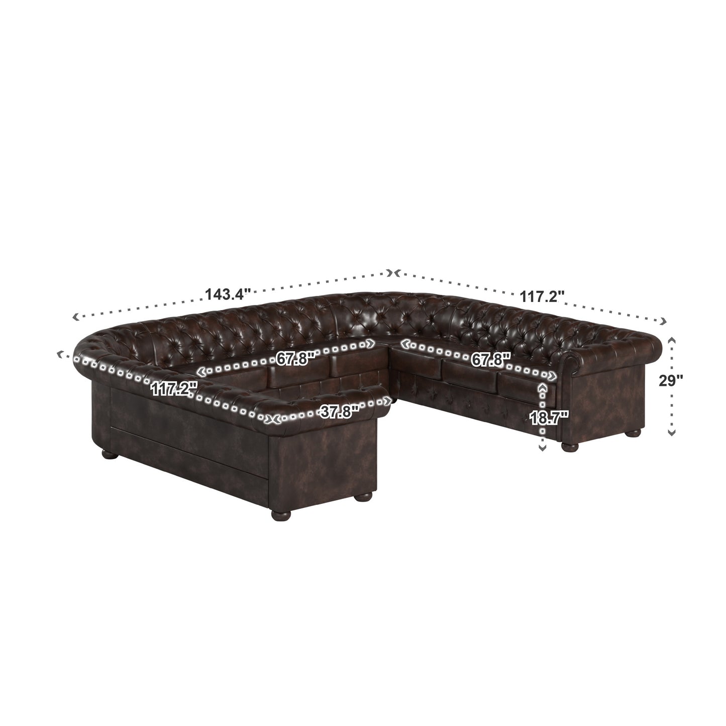 11-Seat U-Shaped Chesterfield Sectional Sofa - Brown Bonded Leather