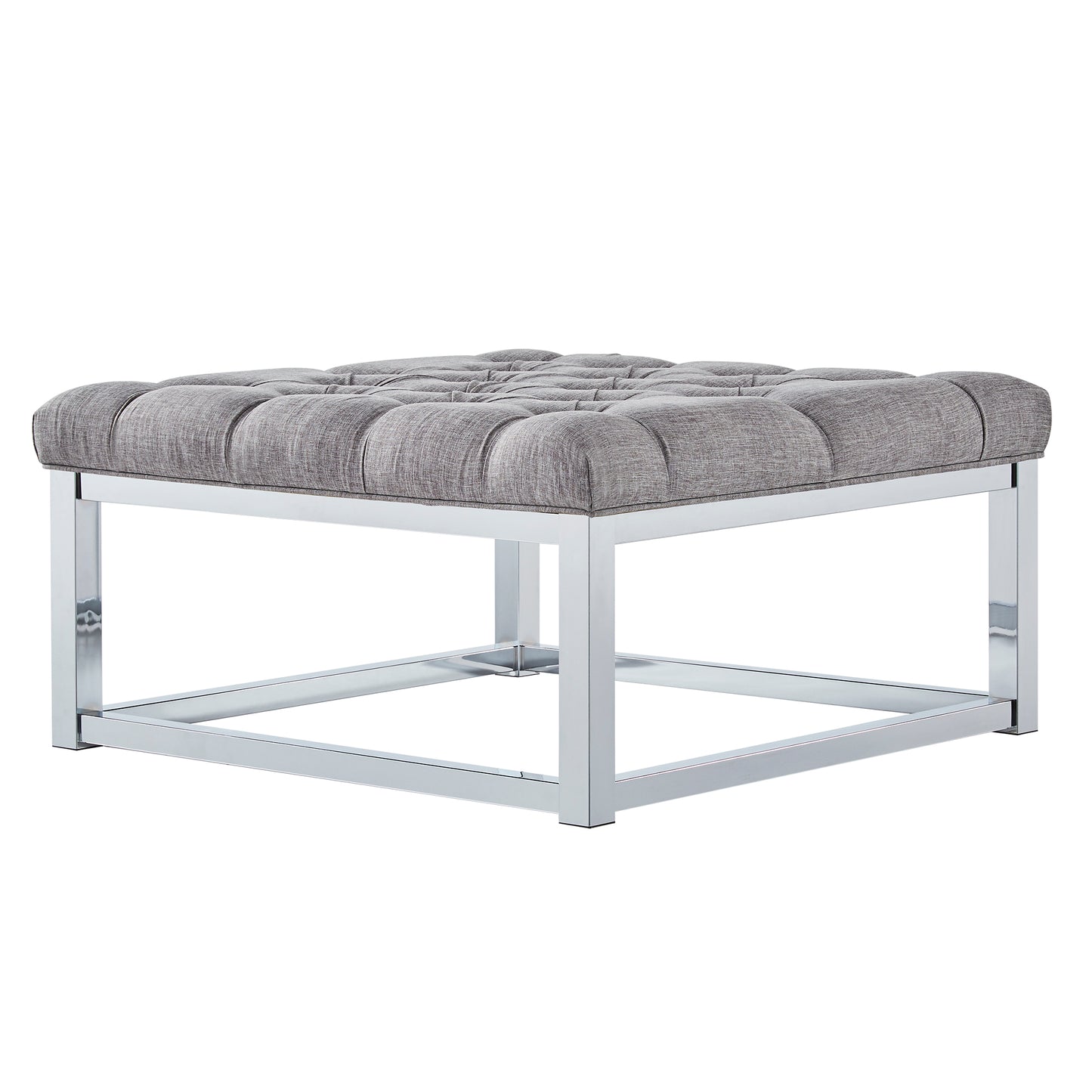 Chrome Square Base Ottoman - Gray Linan, Button Tufts