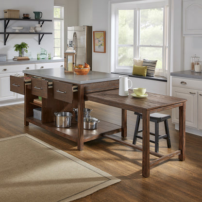 Reclaimed Look Extendable Kitchen Island - Brown Finish, Concrete Veneer Top